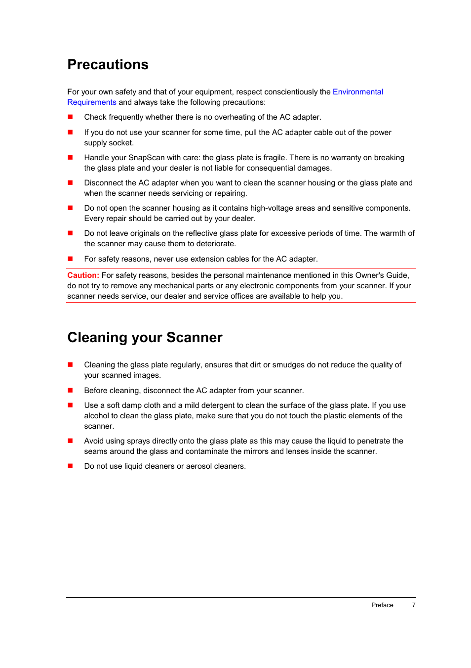 Precautions, Cleaning your scanner | AGFA E40 User Manual | Page 7 / 60