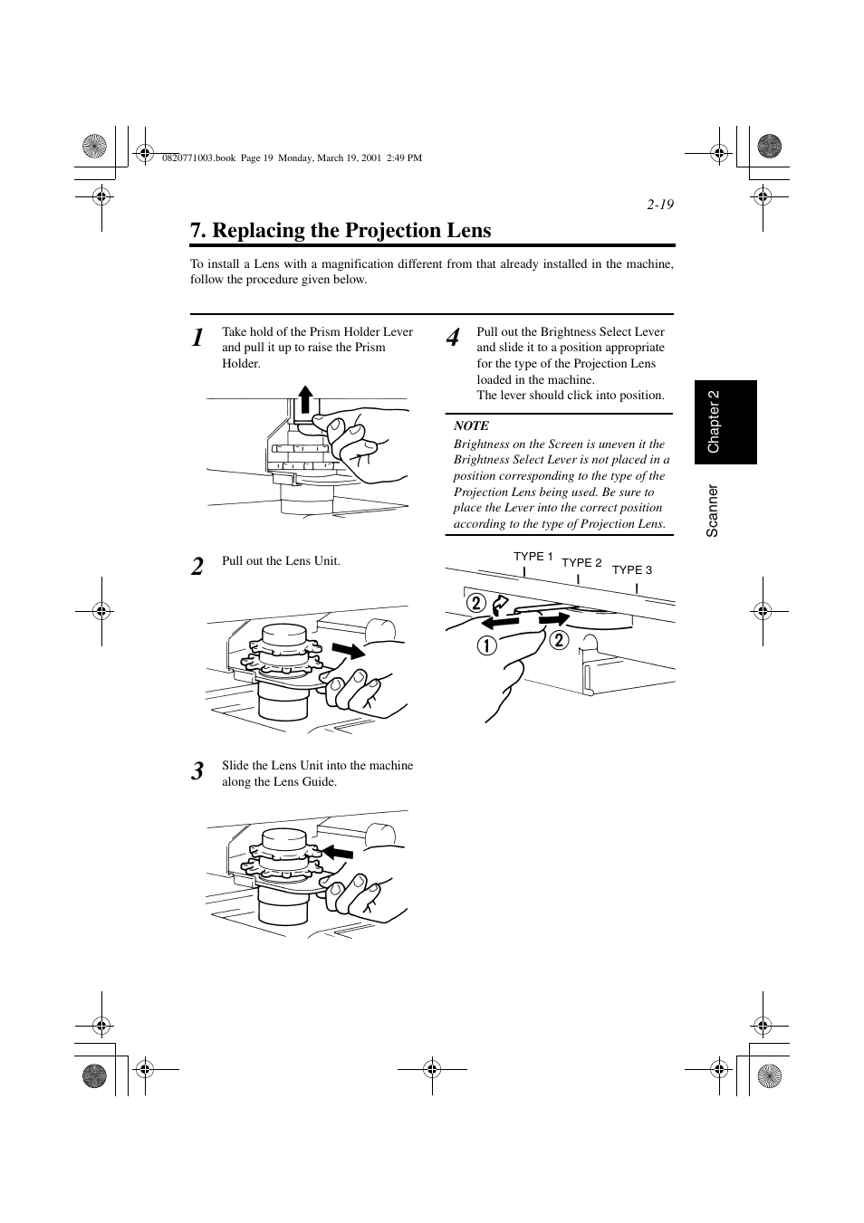 Replacing the projection lens, Replacing the projection lens -19 | AGFA IT SR 24 User Manual | Page 44 / 91