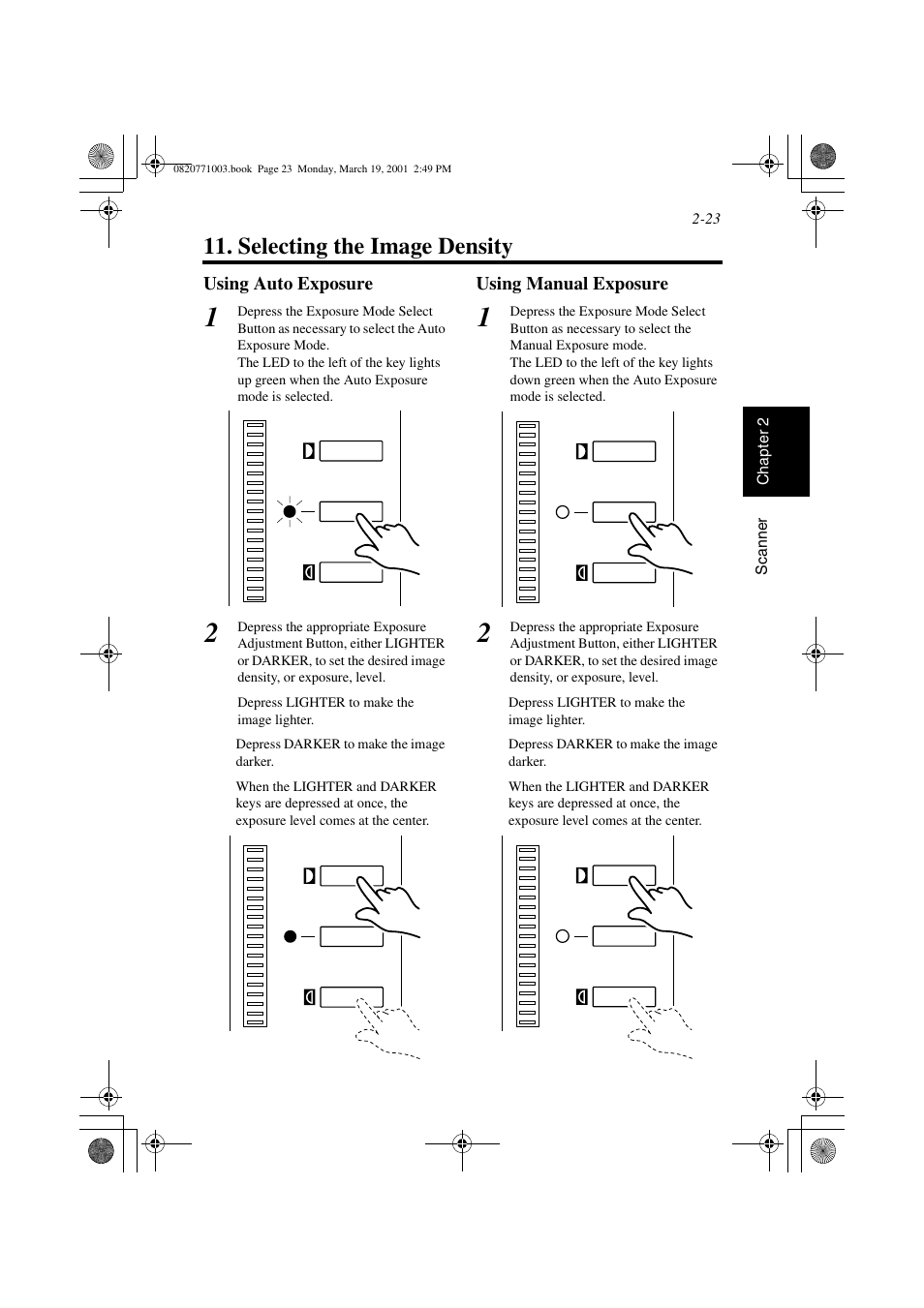 Selecting the image density, Using auto exposure, Using manual exposure | Selecting the image density -23, Using auto exposure -23 using manual exposure -23 | AGFA IT SR 24 User Manual | Page 48 / 91