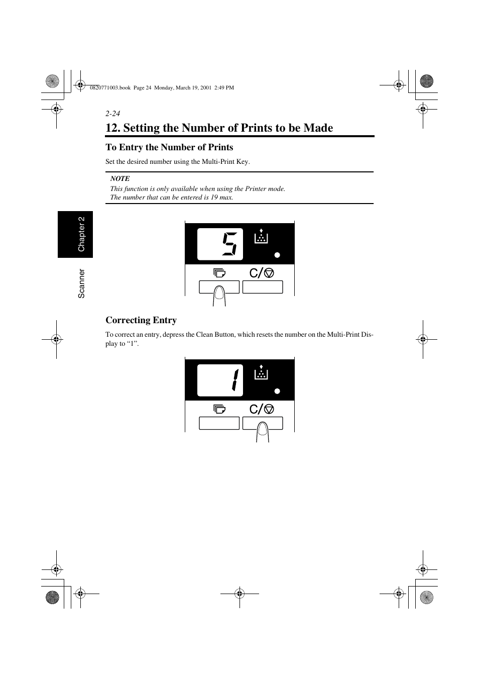 Setting the number of prints to be made, To entry the number of prints, Correcting entry | Setting the number of prints to be made -24, Sr24it+ a3/a4 laser printer -3 | AGFA IT SR 24 User Manual | Page 49 / 91