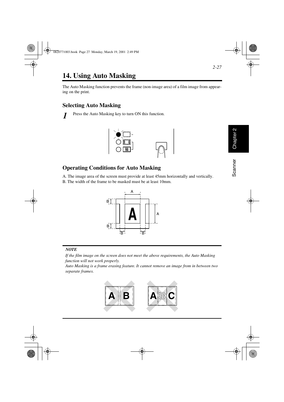 Using auto masking, Selecting auto masking, Operating conditions for auto masking | Using auto masking -27, A b a c, Masking | AGFA IT SR 24 User Manual | Page 52 / 91