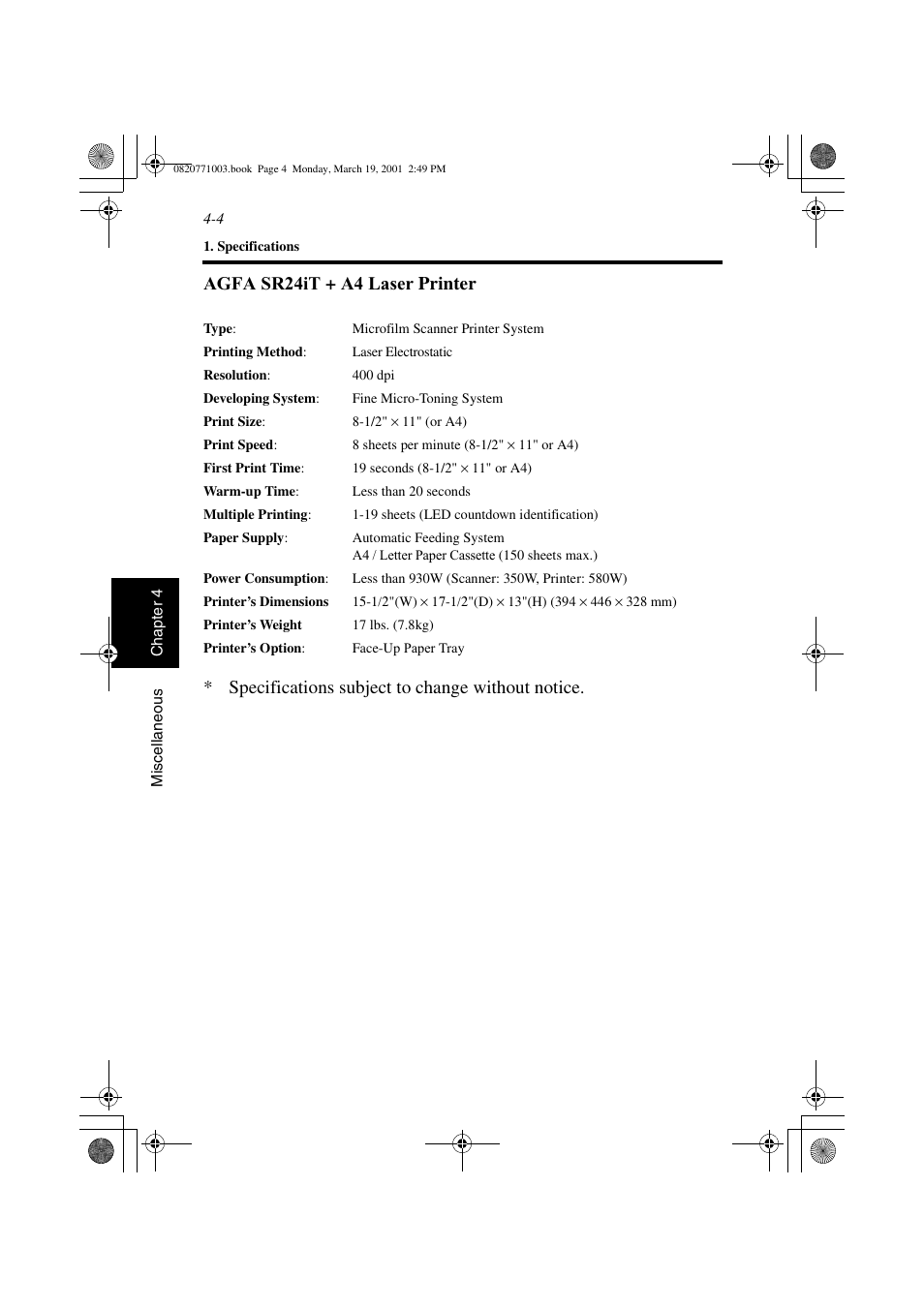 Ms 6000 + msp 2000 printer, Sr24 it+ a4 laser printer -4 | AGFA IT SR 24 User Manual | Page 85 / 91