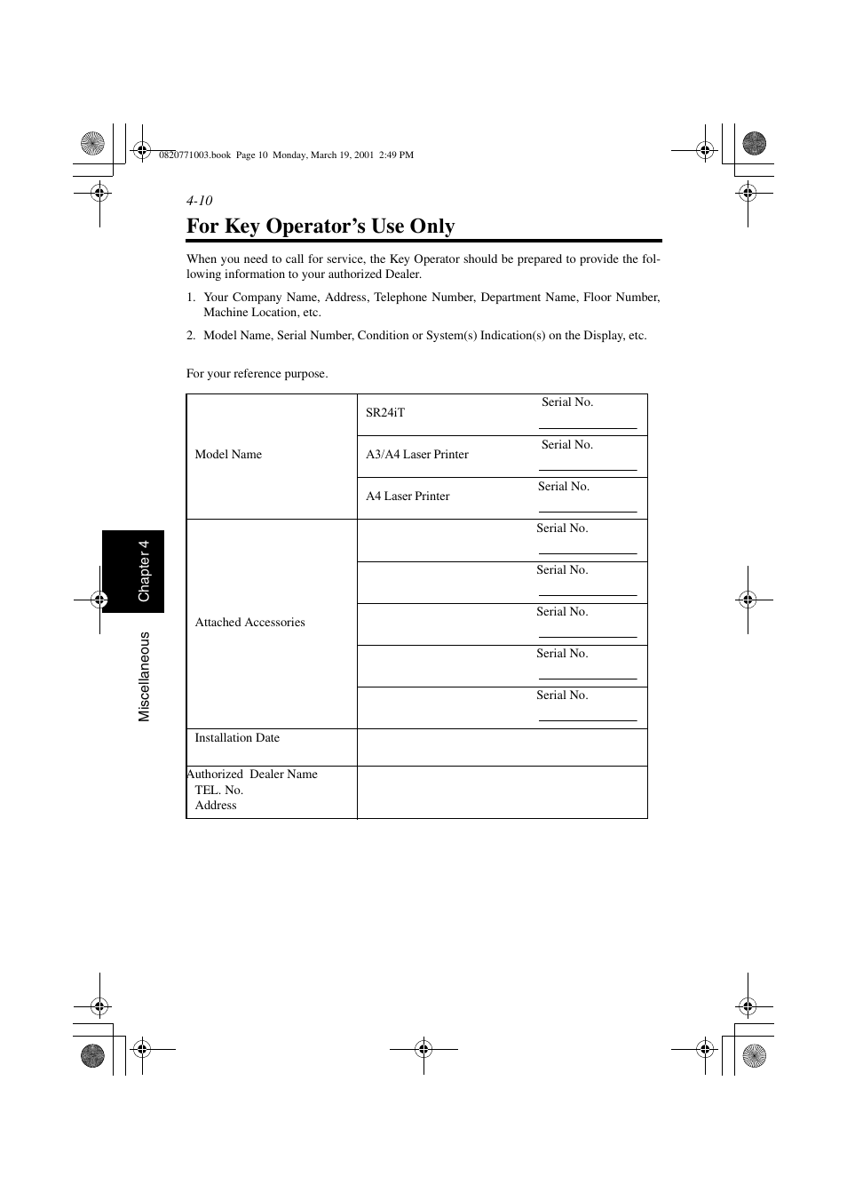 For key operator’s use, For key operator’s use -10, For key operator’s use only | AGFA IT SR 24 User Manual | Page 91 / 91