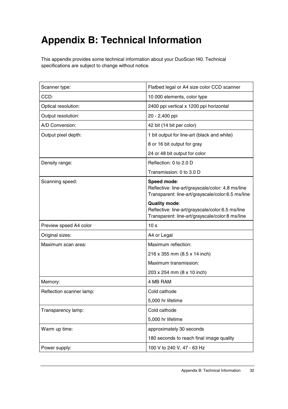 Appendix b: technical information | AGFA DuoScan f40 User Manual | Page 32 / 36