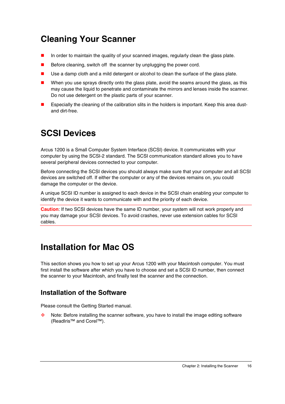 Cleaning your scanner, Scsi devices, Installation for mac os | Installation of the software | AGFA 1200 User Manual | Page 16 / 47