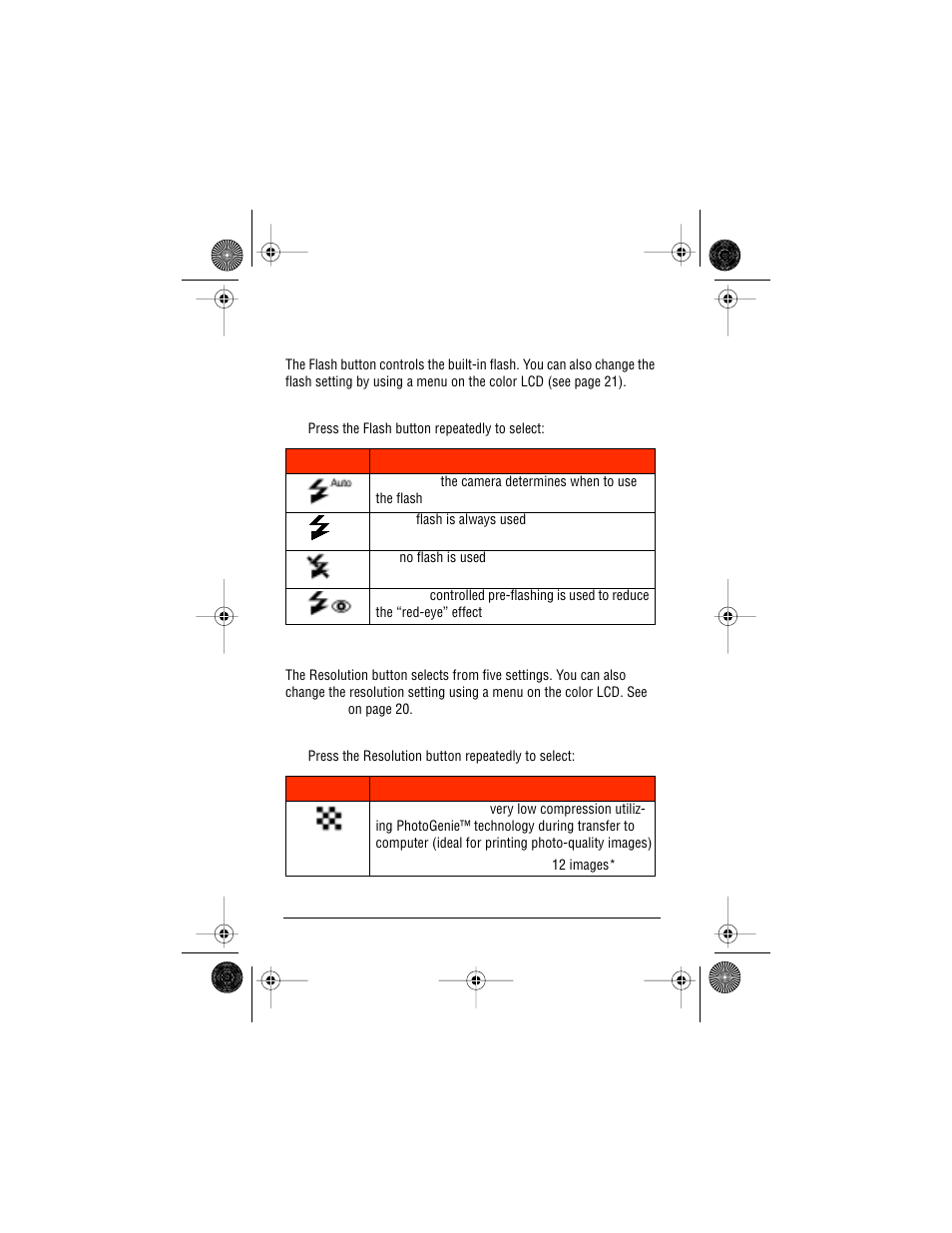 Flash button resolution button, Flash button, Resolution button | AGFA ePhoto CL50 User Manual | Page 18 / 55