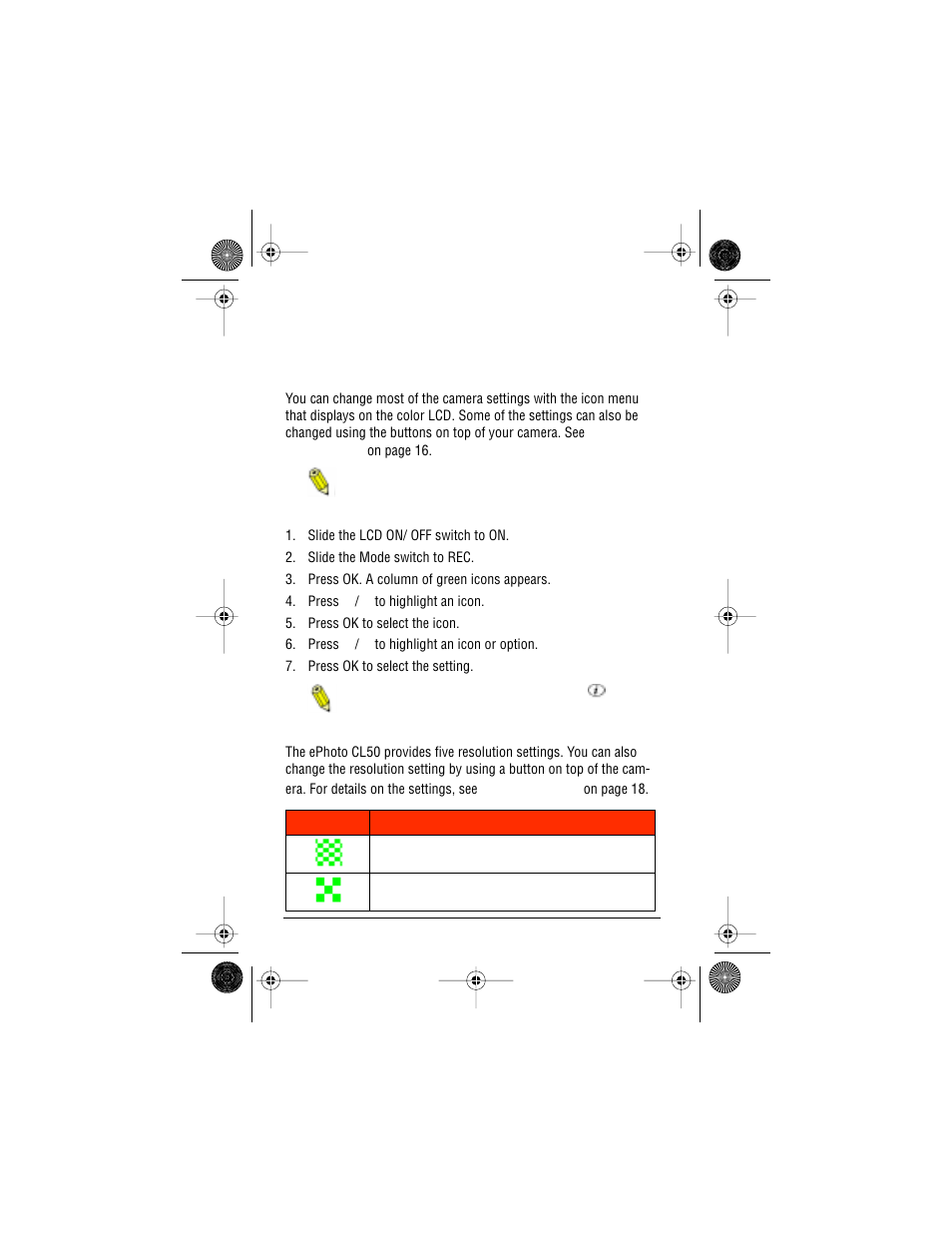Changing settings on the color lcd, Resolution | AGFA ePhoto CL50 User Manual | Page 20 / 55