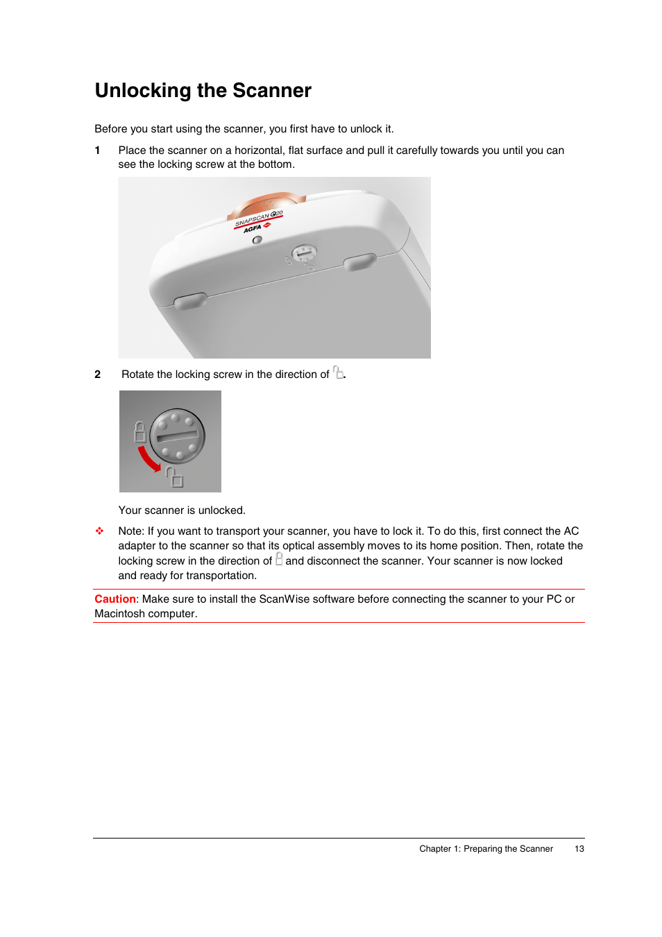 Unlocking the scanner | AGFA E20 User Manual | Page 13 / 35