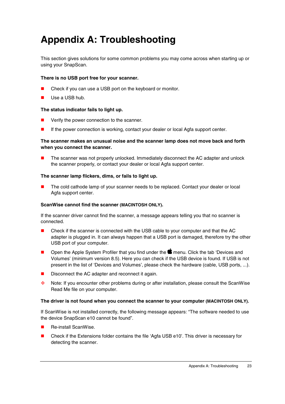 Appendix a: troubleshooting, There is no usb port free for your scanner, The status indicator fails to light up | Scanwise cannot find the scanner (macintosh only) | AGFA SNAPSCAN E10 User Manual | Page 23 / 30