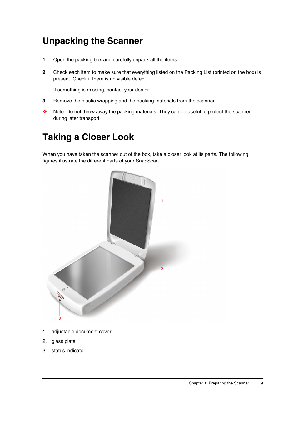 Unpacking the scanner, Taking a closer look | AGFA SNAPSCAN E10 User Manual | Page 9 / 30