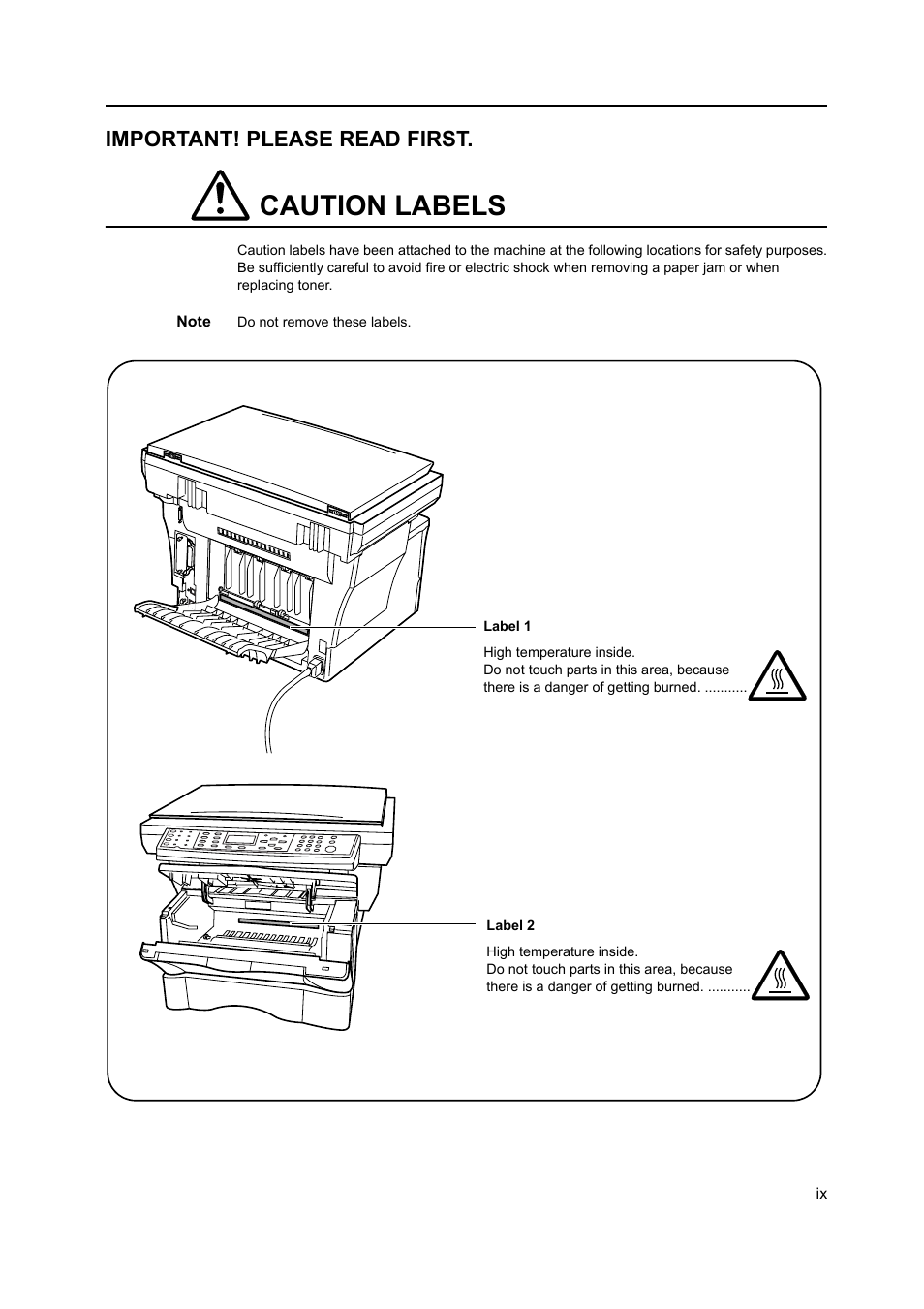 Important! please read first, Caution labels | AGFA 1815 Copier User Manual | Page 11 / 116