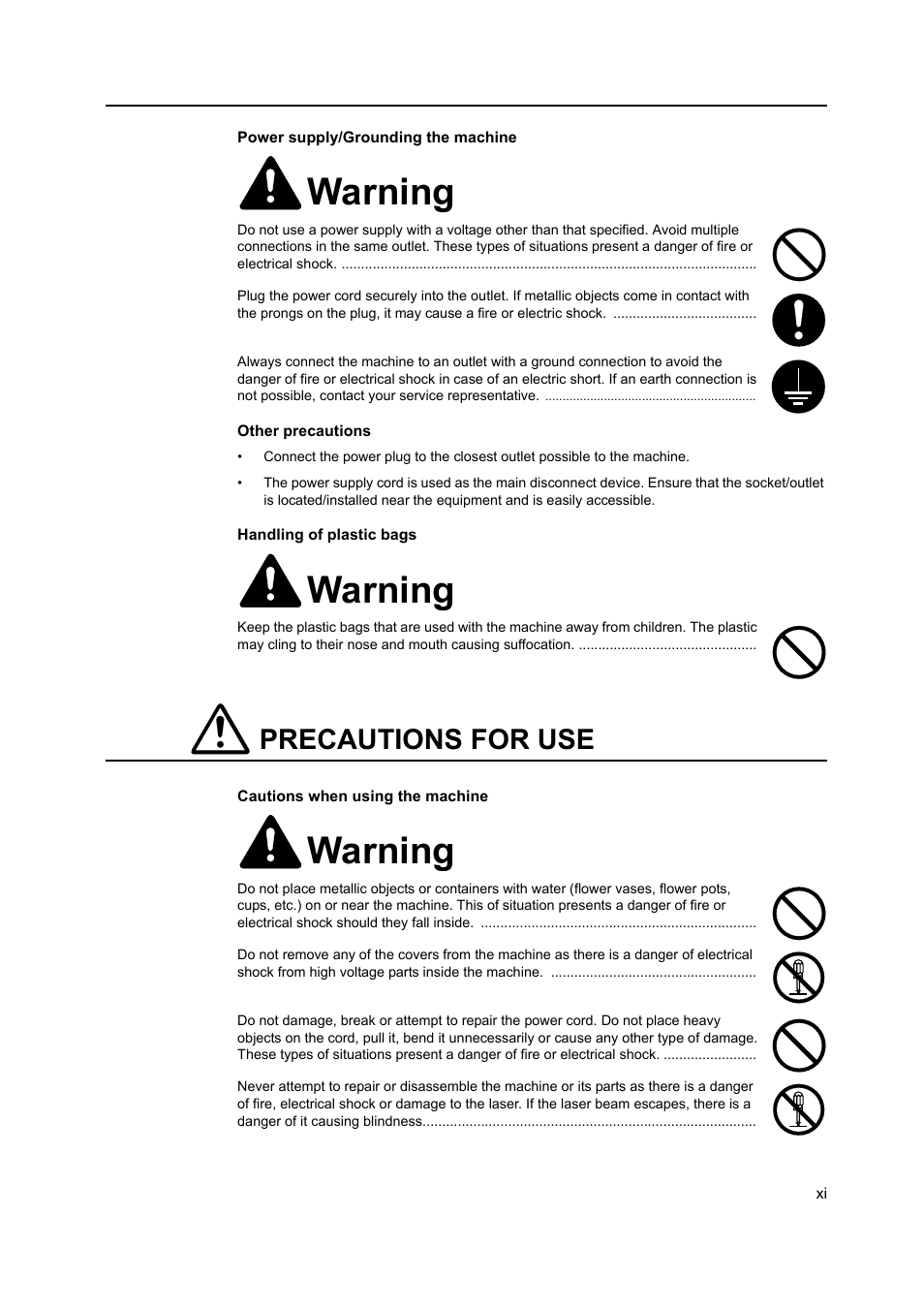 Warning, Precautions for use | AGFA 1815 Copier User Manual | Page 13 / 116