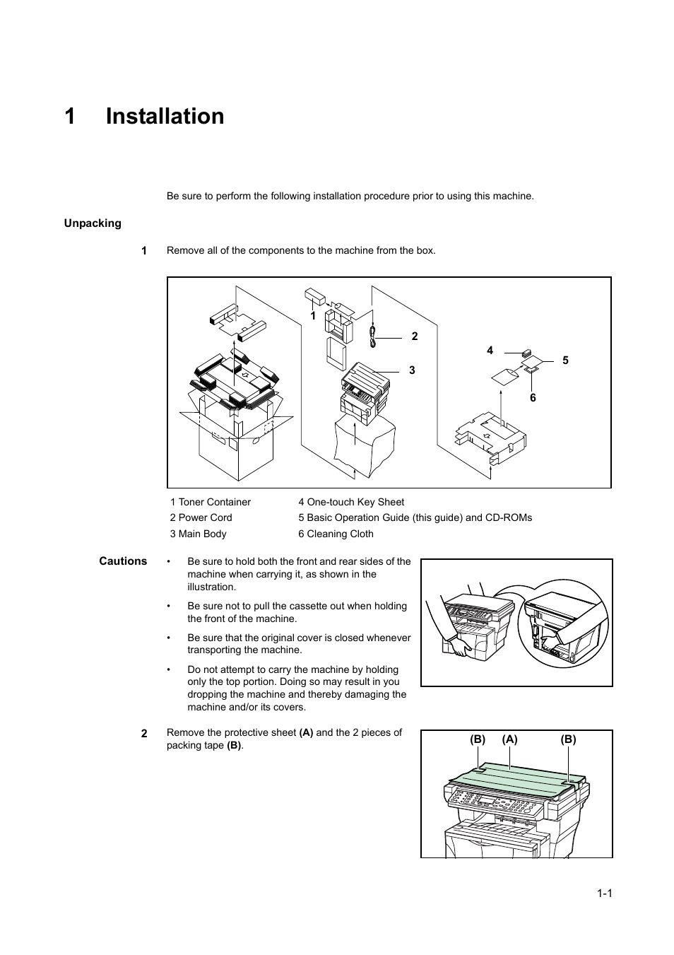 1 installation, Unpacking -1, 1installation | AGFA 1815 Copier User Manual | Page 21 / 116