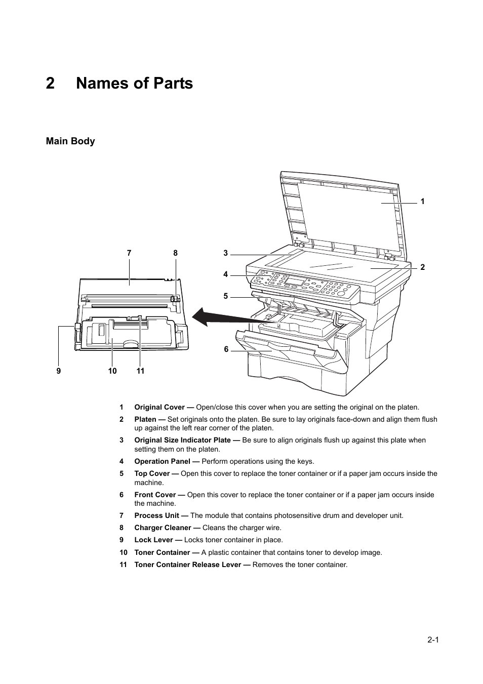 2 names of parts, Main body, 2 names | Parts, Main body -1, 2names of parts | AGFA 1815 Copier User Manual | Page 27 / 116