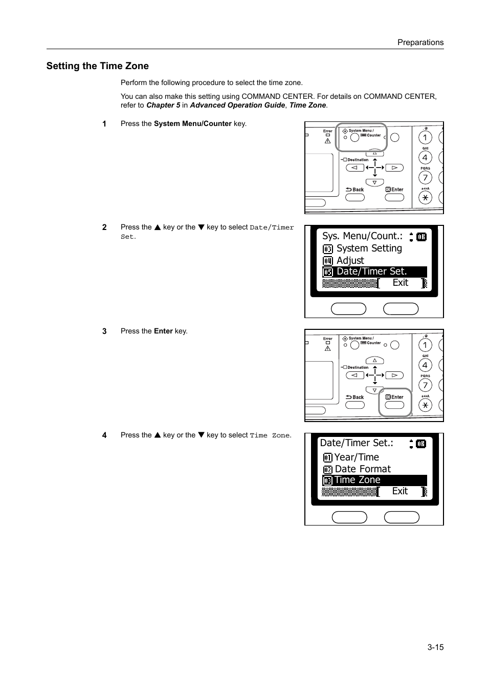 Setting the time zone, Setting the time zone -15 | AGFA 1815 Copier User Manual | Page 47 / 116