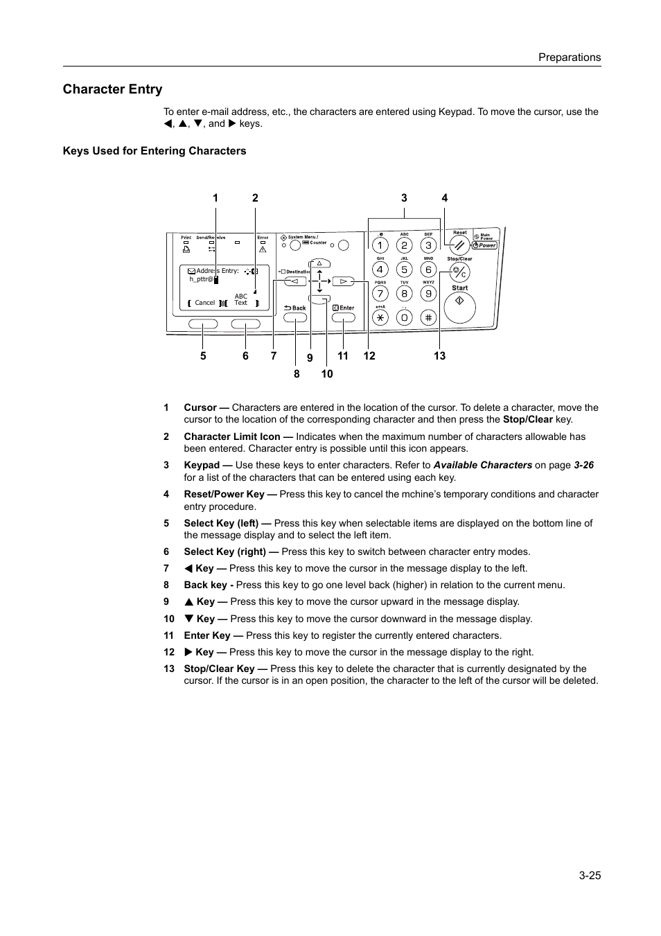 Character entry, Character entry -25, Keys used for entering characters -25 | AGFA 1815 Copier User Manual | Page 57 / 116