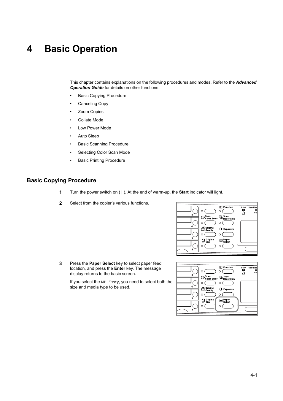 4 basic operation, Basic copying procedure, 4 basic | Operation, Basic copying procedure -1, 4basic operation | AGFA 1815 Copier User Manual | Page 63 / 116