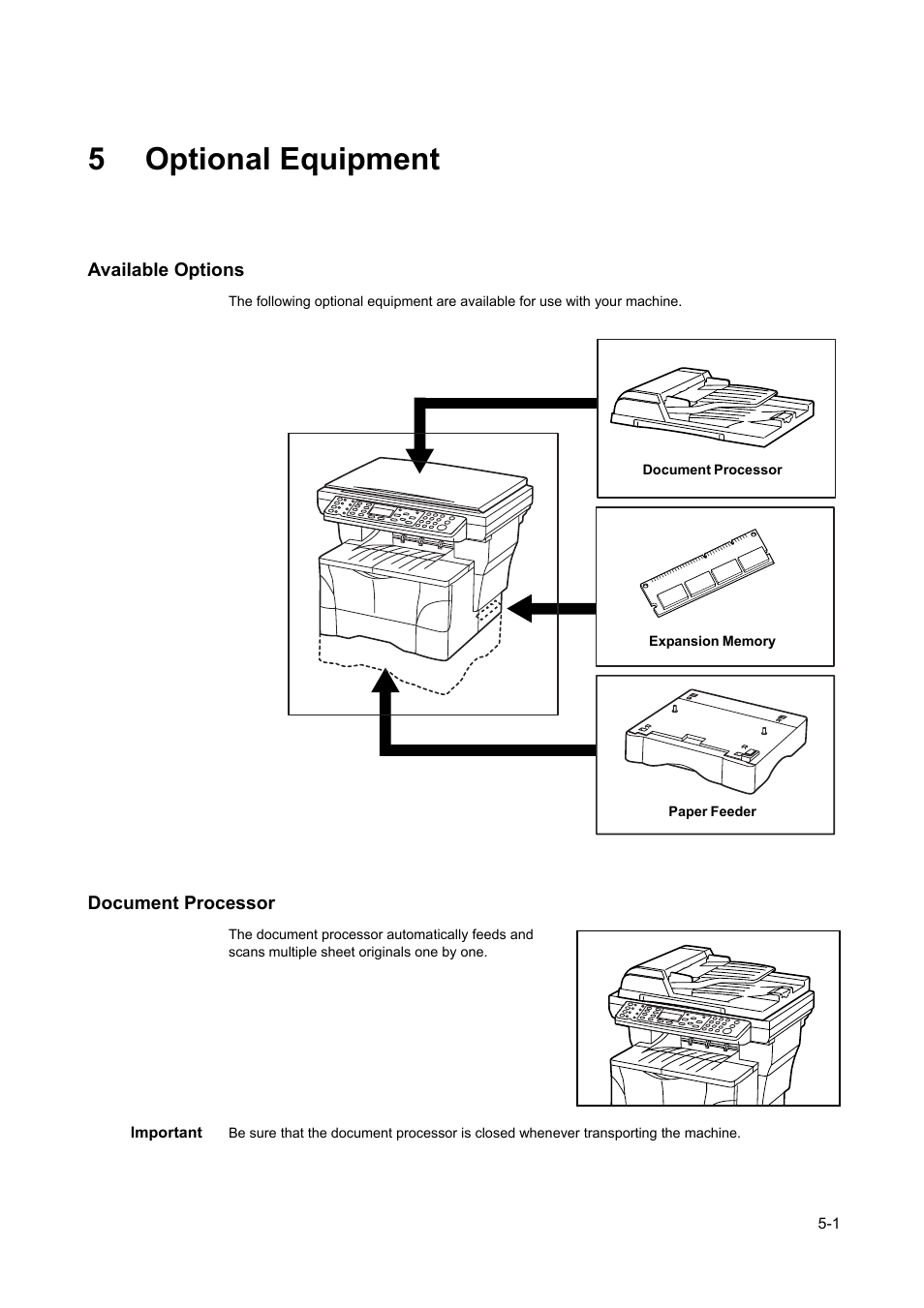 5 optional equipment, Available options, Document processor | 5 optional, Equipment, Available options -1, Document processor -1, 5optional equipment | AGFA 1815 Copier User Manual | Page 81 / 116