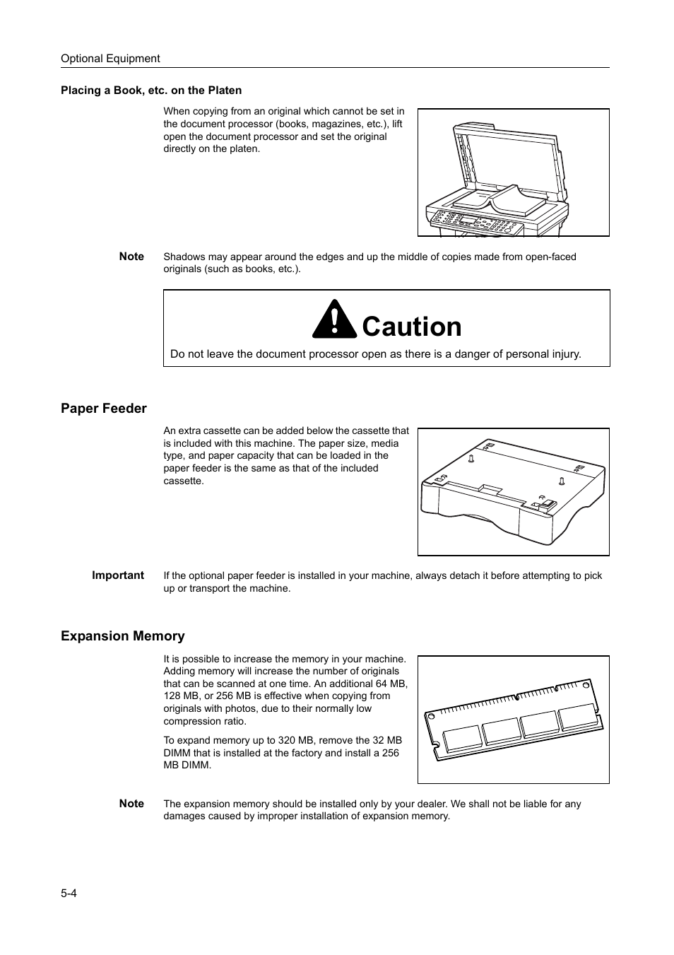 Paper feeder, Expansion memory, Placing a book, etc. on the platen -4 | Paper feeder -4 expansion memory -4, Caution | AGFA 1815 Copier User Manual | Page 84 / 116