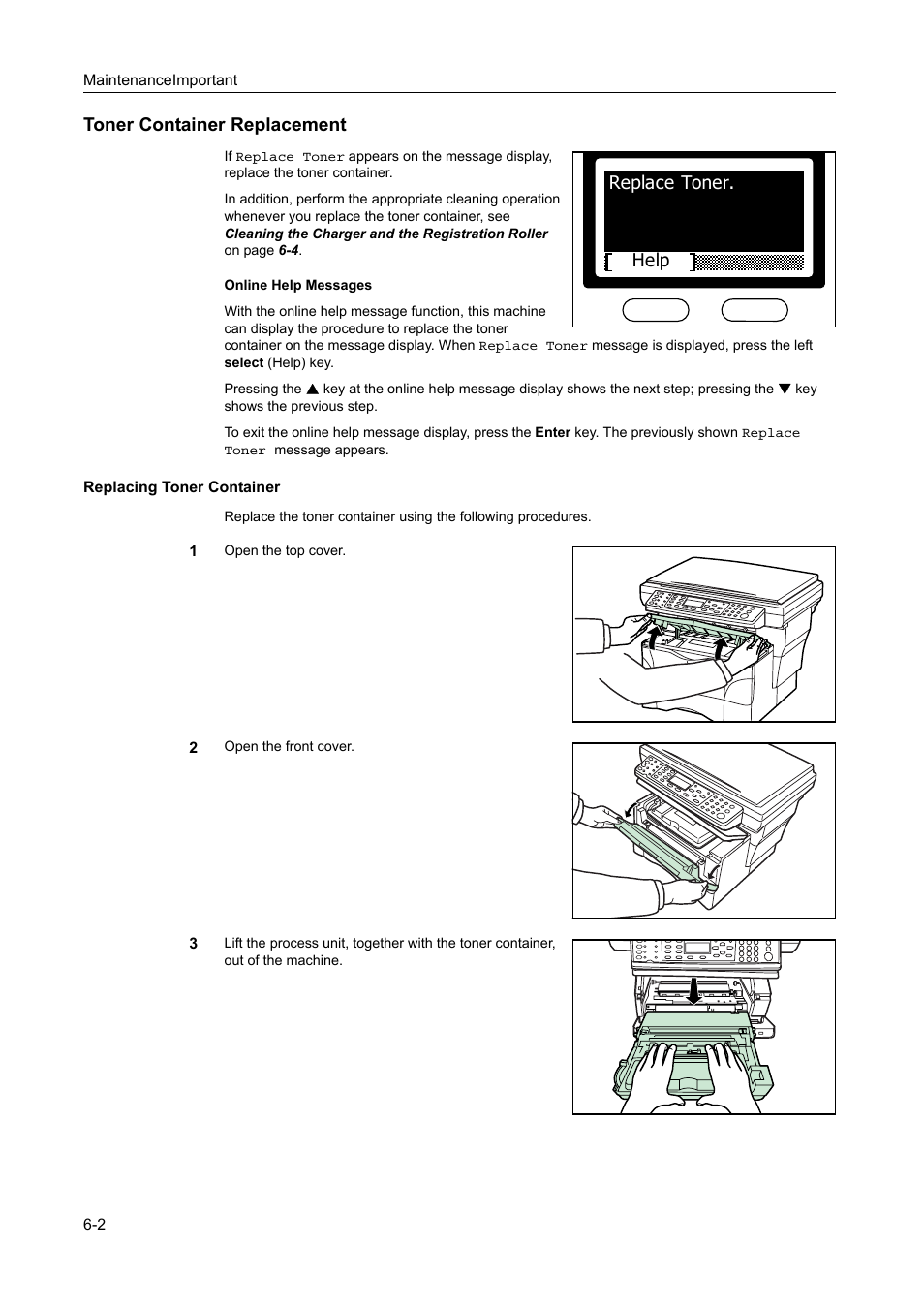 Toner container replacement, Toner container replacement -2, Replacing toner container -2 | Replace toner. help | AGFA 1815 Copier User Manual | Page 88 / 116