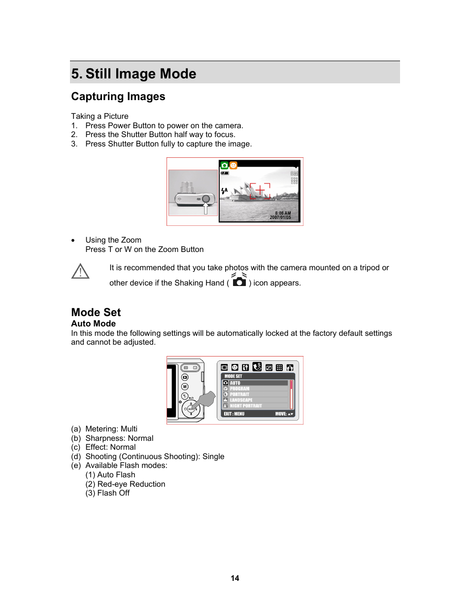 Still image mode, Capturing images, Mode set | AGFA Sensor 830s User Manual | Page 15 / 31