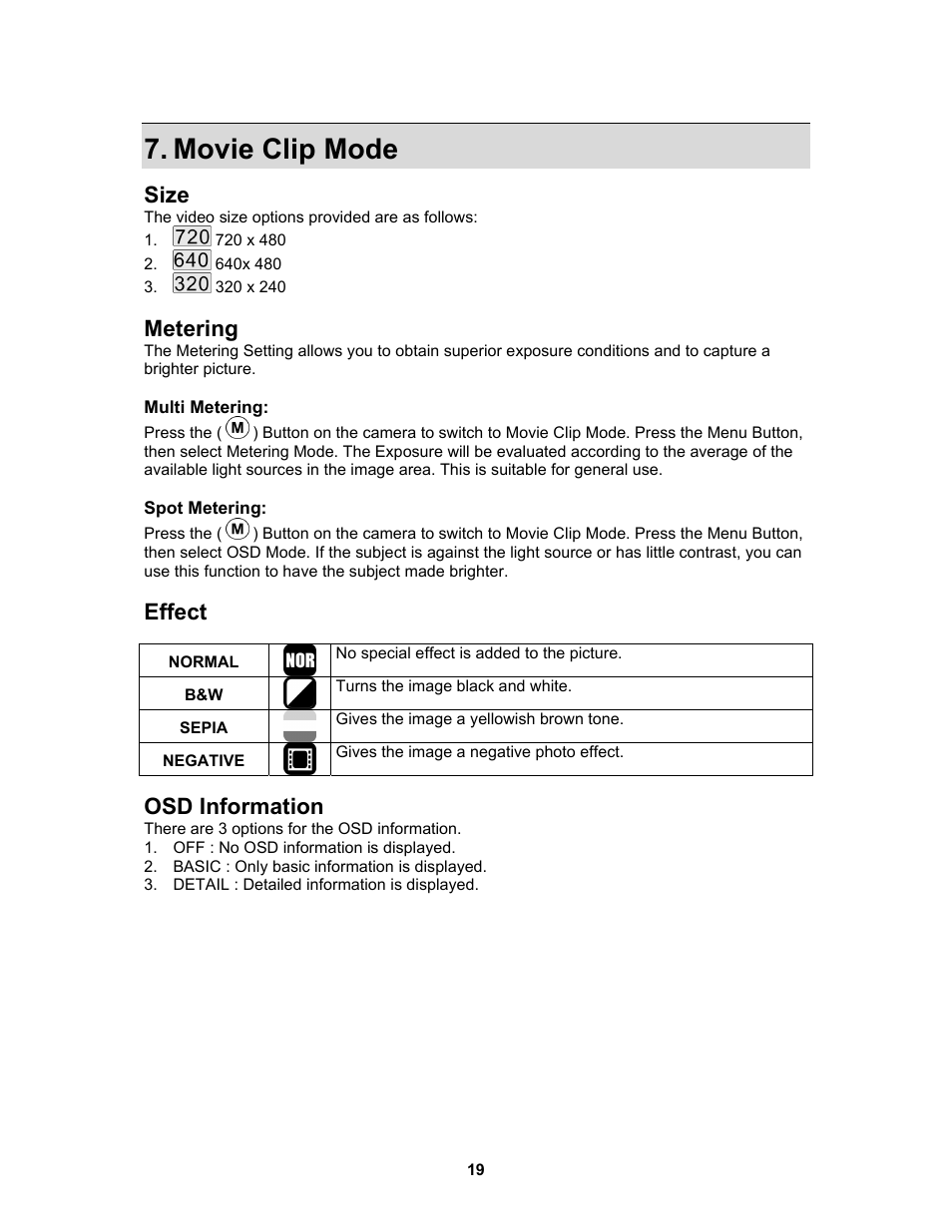 Movie clip mode, Size, Metering | Effect, Osd information | AGFA Sensor 830s User Manual | Page 20 / 31