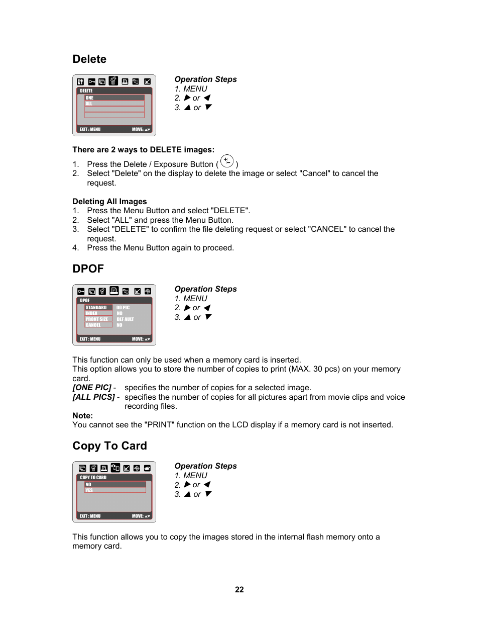 Delete, Dpof, Copy to card | AGFA Sensor 830s User Manual | Page 23 / 31