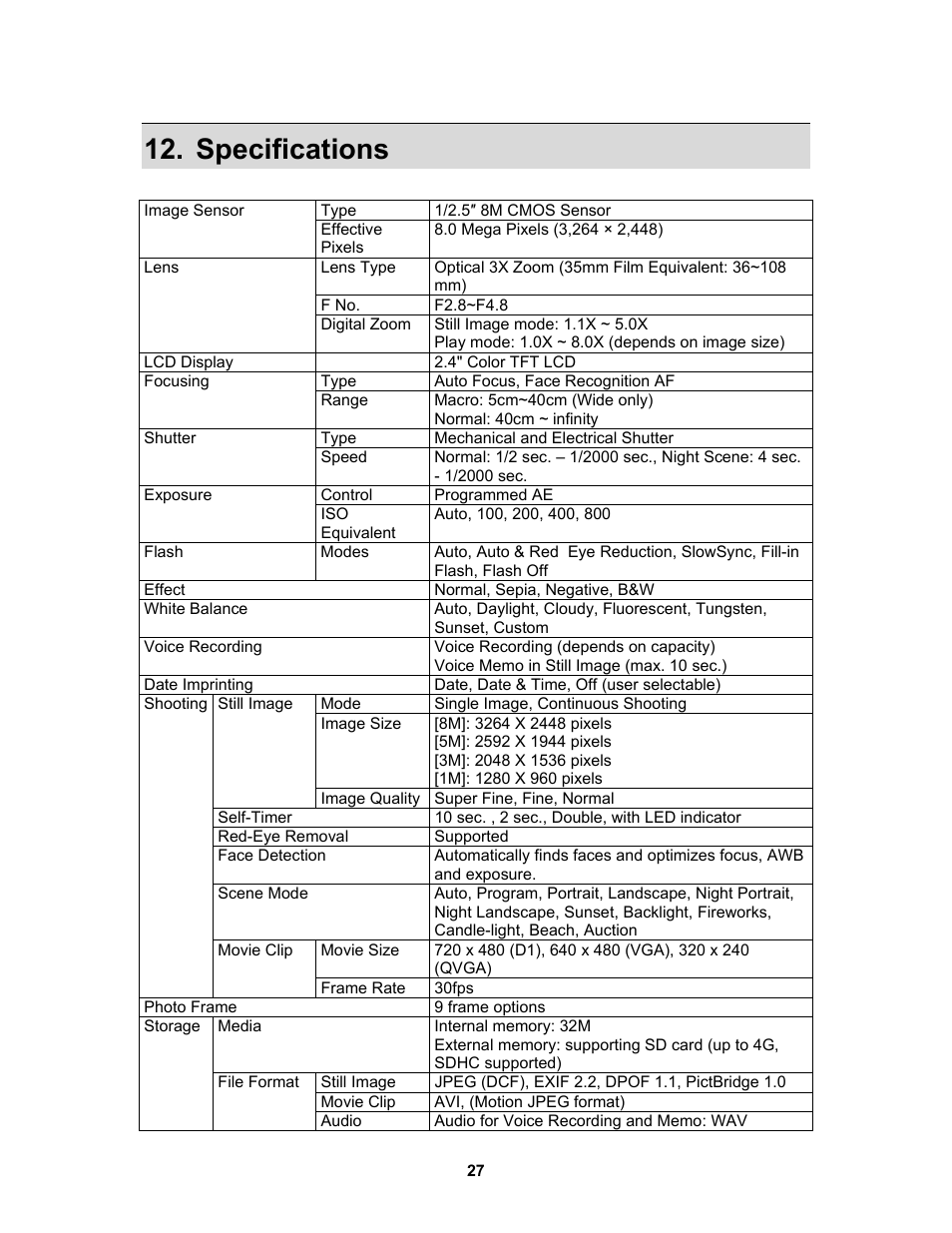 Specifications | AGFA Sensor 830s User Manual | Page 28 / 31