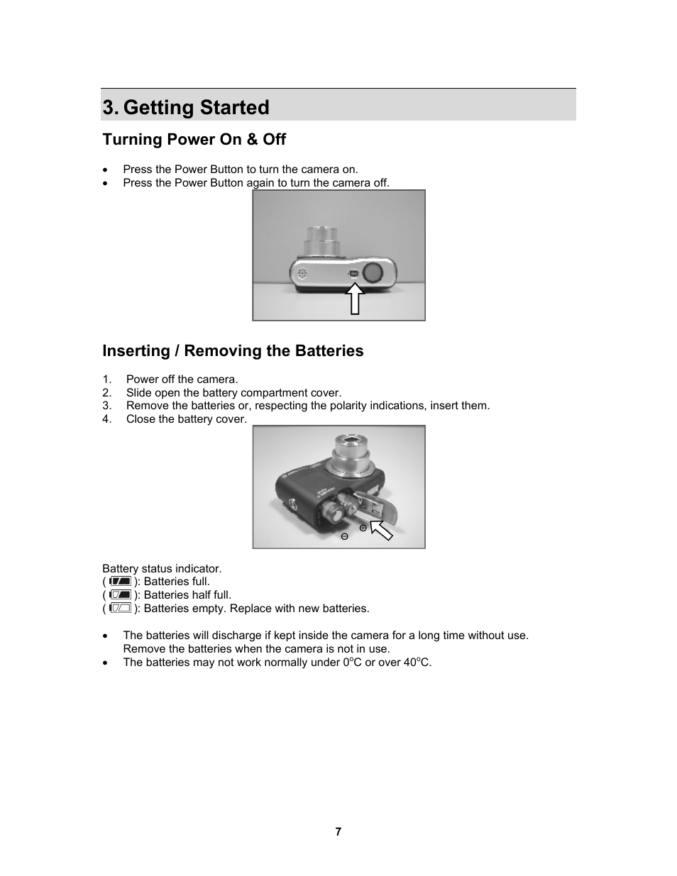 Getting started, Turning power on & off, Inserting / removing the batteries | AGFA Sensor 830s User Manual | Page 8 / 31