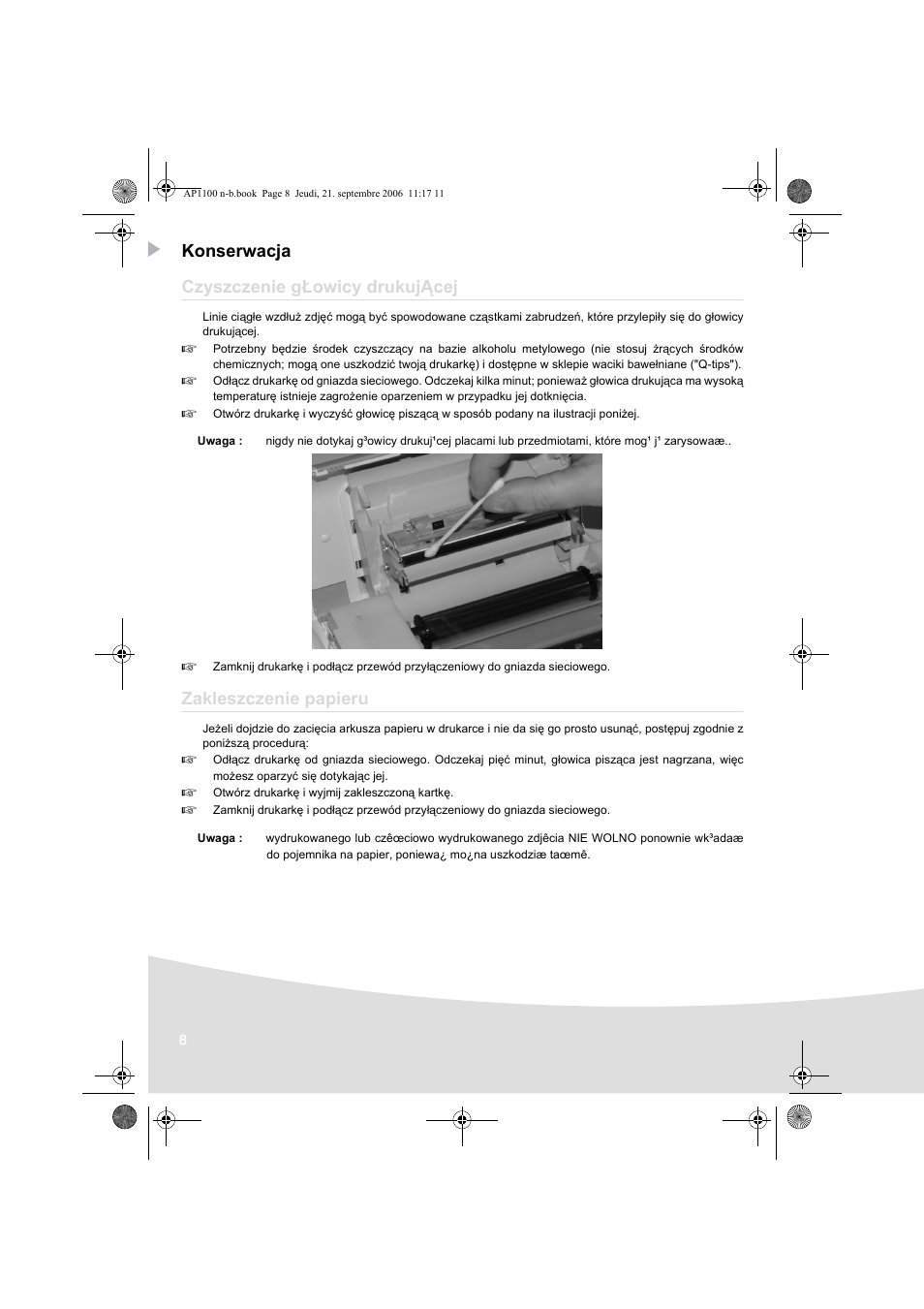 Konserwacja czyszczenie głowicy drukującej, Zakleszczenie papieru | AGFA AP1100 User Manual | Page 132 / 176
