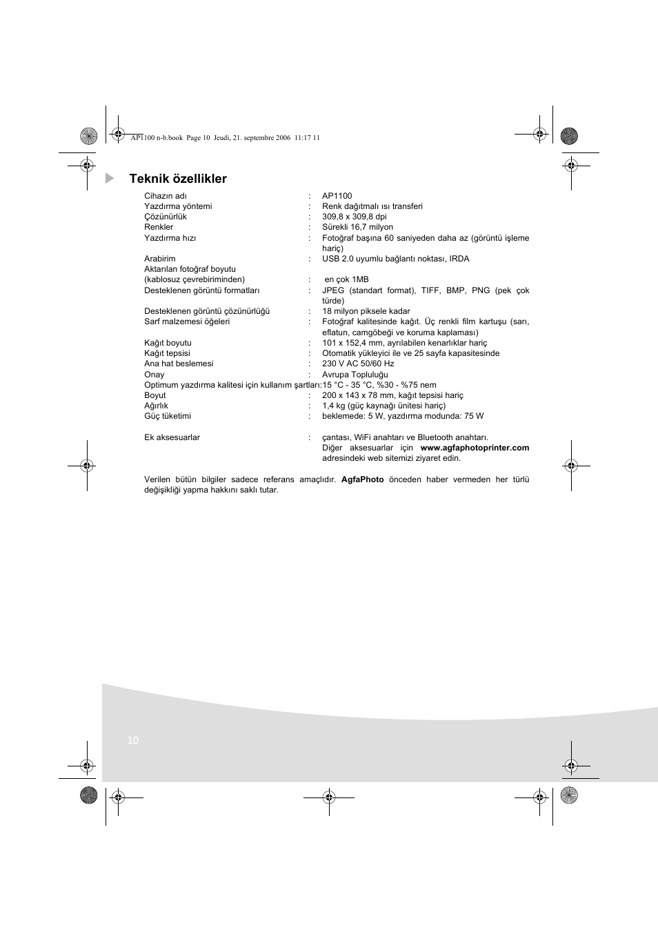 Teknik özellikler | AGFA AP1100 User Manual | Page 160 / 176