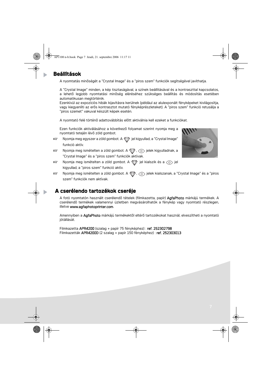 Beállítások, A cserélendo tartozékok cseréje | AGFA AP1100 User Manual | Page 171 / 176