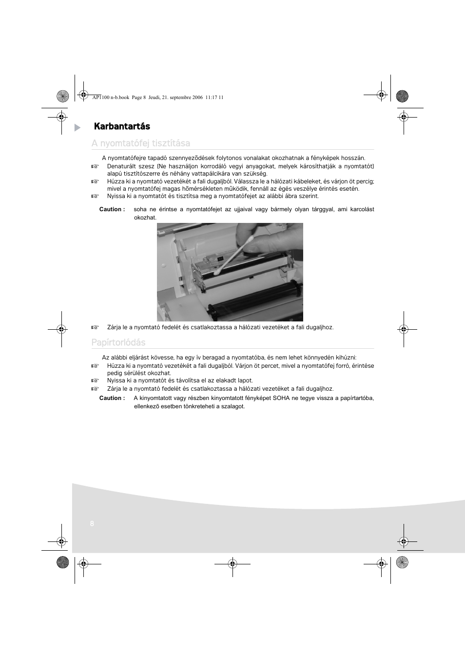 Karbantartás a nyomtatófej tisztítása, Papírtorlódás | AGFA AP1100 User Manual | Page 172 / 176