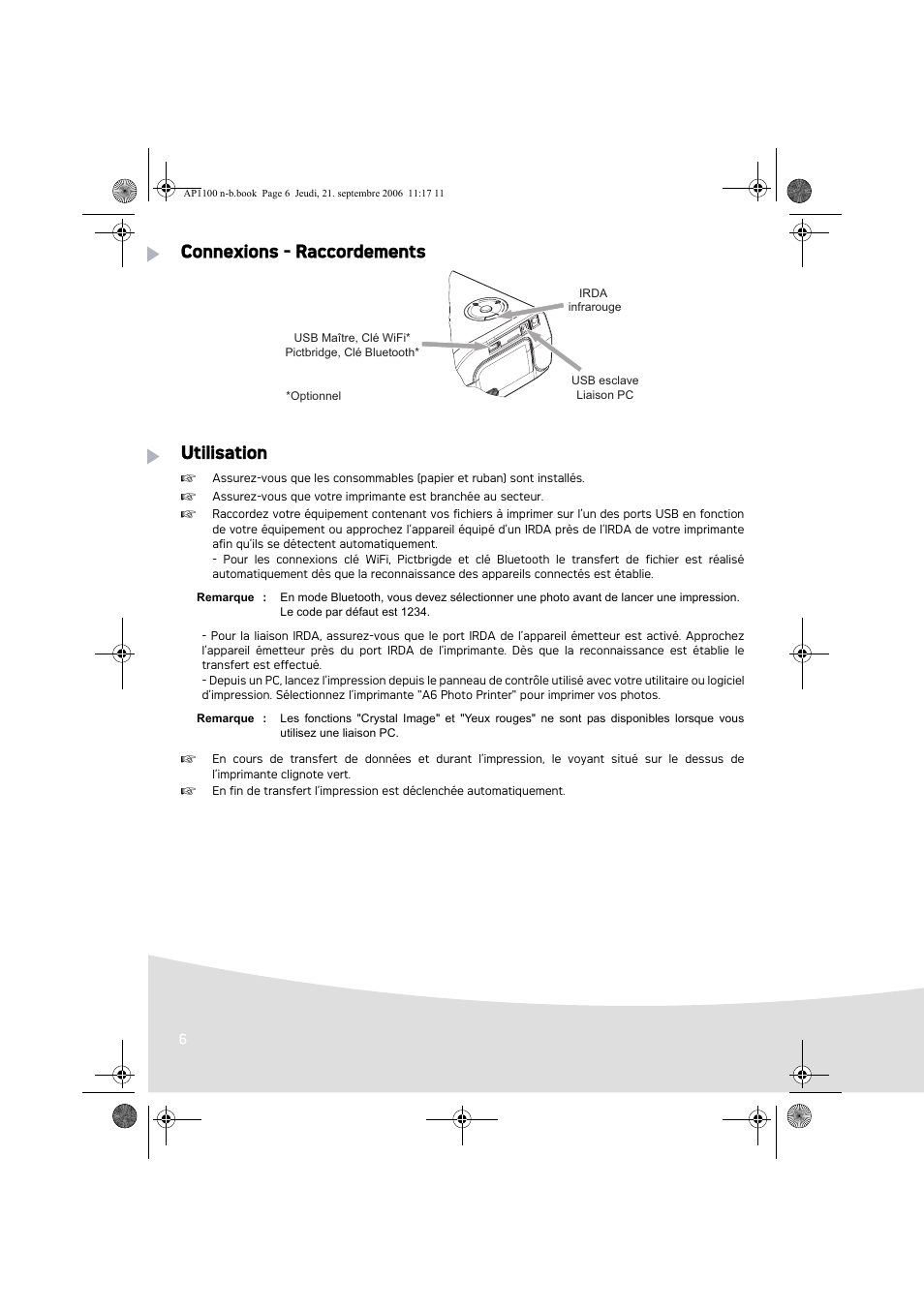 Connexions - raccordements utilisation | AGFA AP1100 User Manual | Page 20 / 176