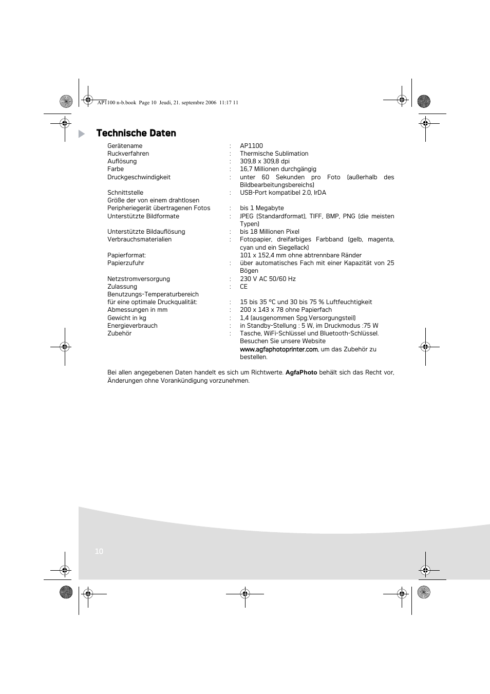 Technische daten | AGFA AP1100 User Manual | Page 36 / 176