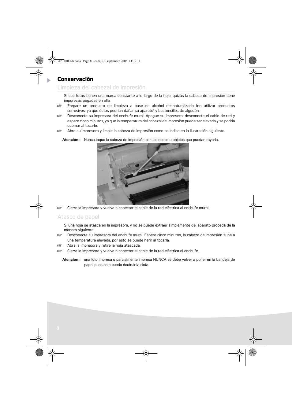 Conservación limpieza del cabezal de impresión, Atasco de papel | AGFA AP1100 User Manual | Page 46 / 176