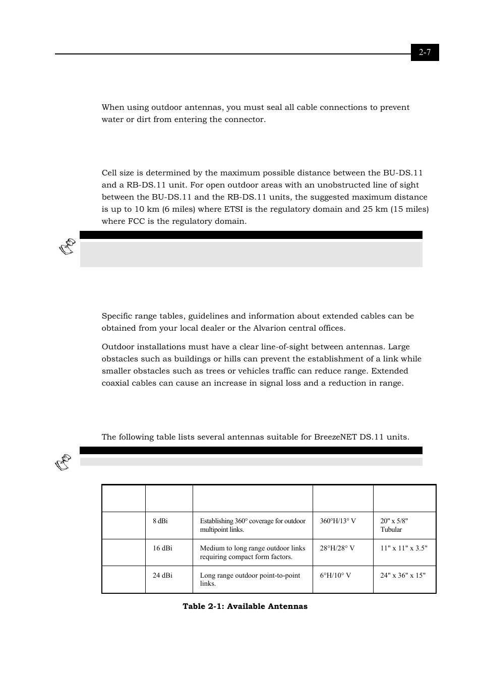 Antenna seal, Cell size/link distance, Using outdoor range tables | Available antennas, Cell size/link distance 2-7, Using outdoor range tables 2-7, Table 2-1: available antennas -7, D available antennas on, 7 for information | Alvarion BREEZENET BU-DS.11 User Manual | Page 23 / 92