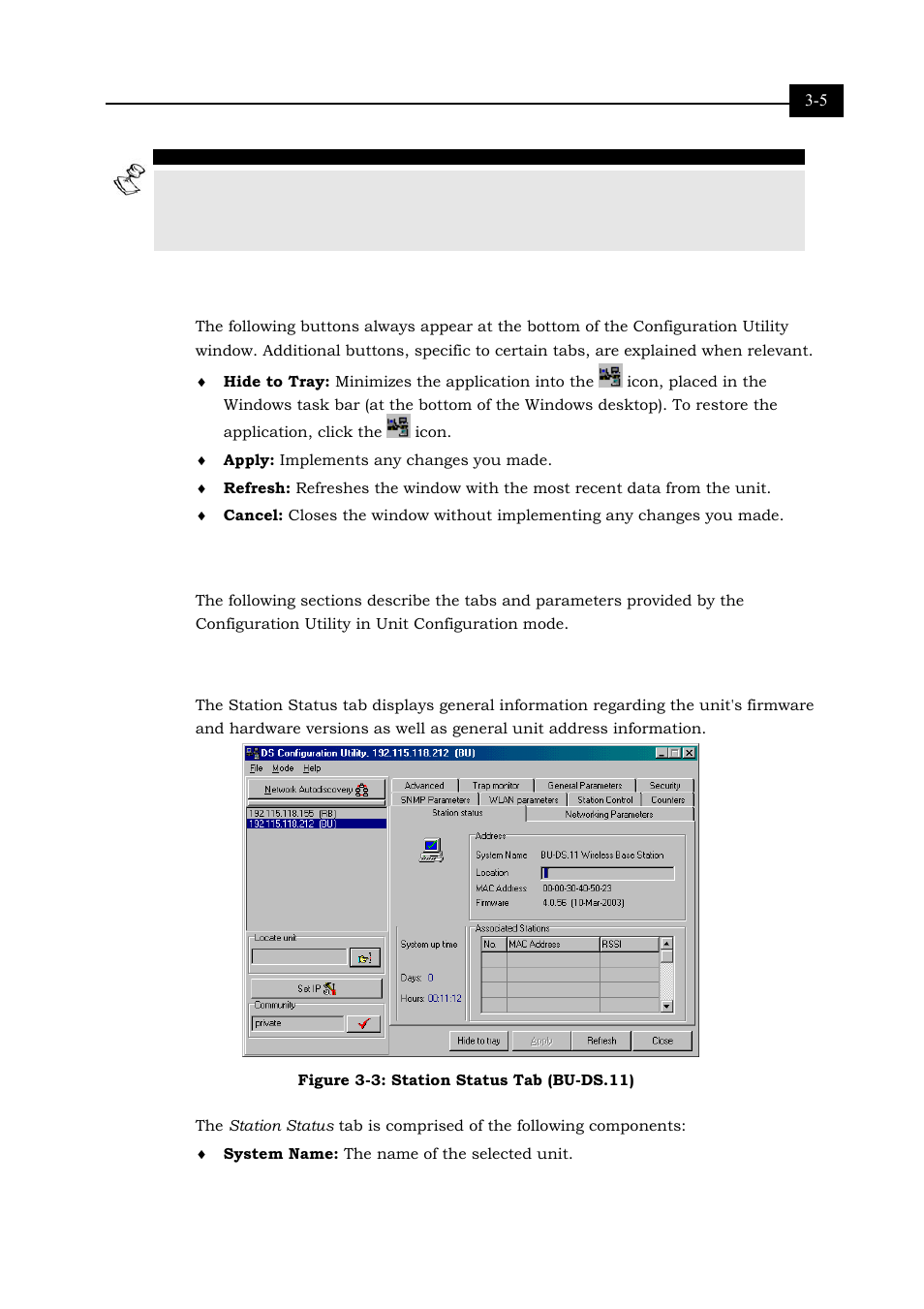 Application control buttons, Configuration utility tabs, Station status tab | Figure 3-3: station status tab (bu-ds.11) 3-5 | Alvarion BREEZENET BU-DS.11 User Manual | Page 37 / 92