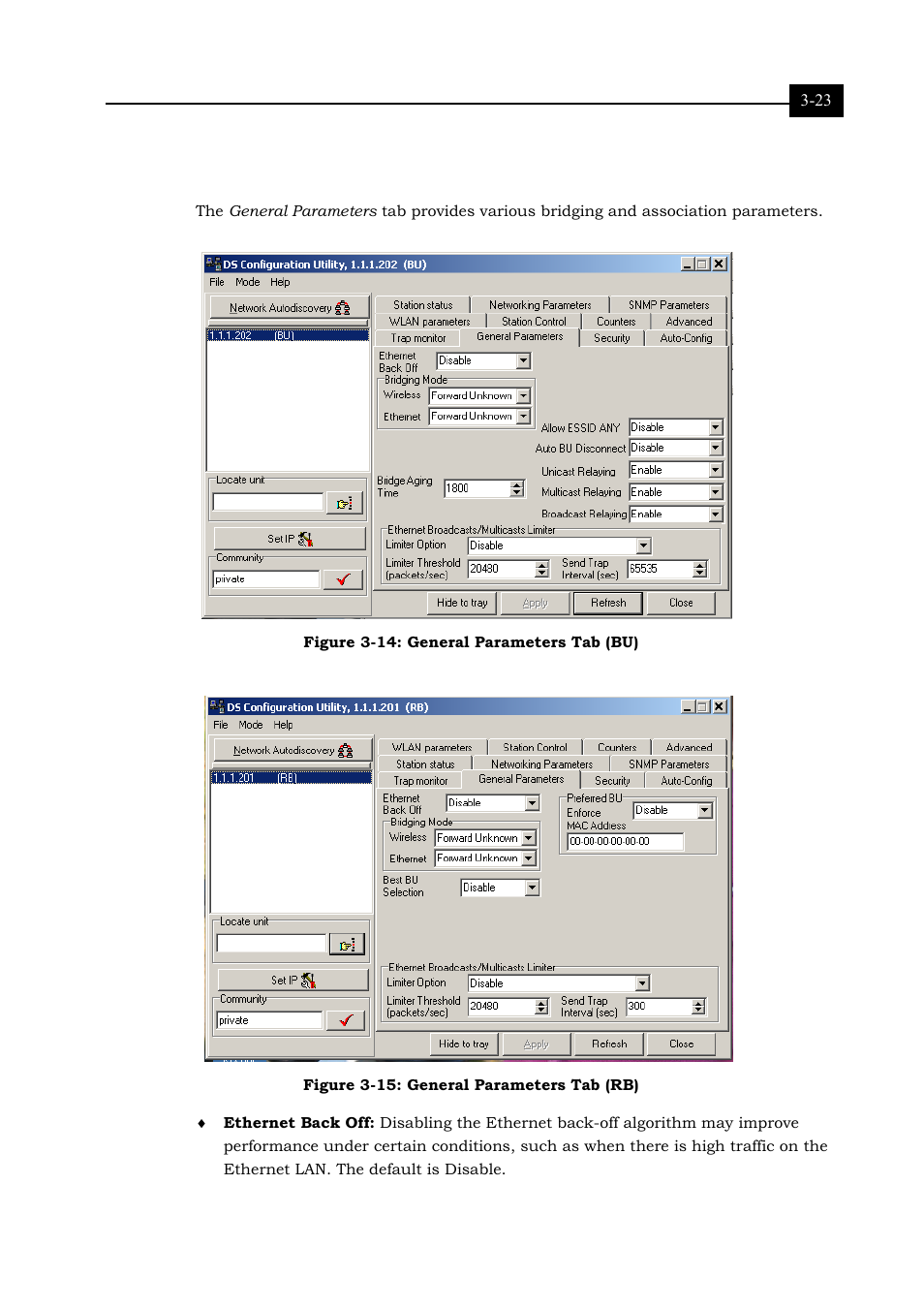 General parameters tab, Figure 3-14: general parameters tab (bu) 3-23, Figure 3-15: general parameters tab (rb) 3-23 | Alvarion BREEZENET BU-DS.11 User Manual | Page 55 / 92