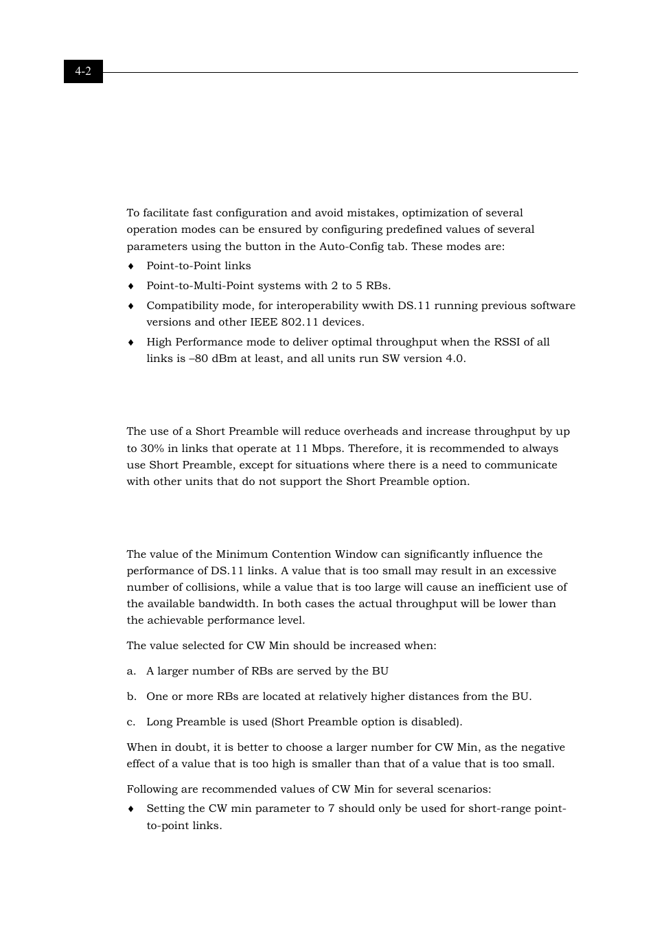 Configuring critical parameters, One-click configuration, Short preamble | Cw minimum, Configuring critical parameters 4-2, One-click configuration 4-2 | Alvarion BREEZENET BU-DS.11 User Manual | Page 66 / 92