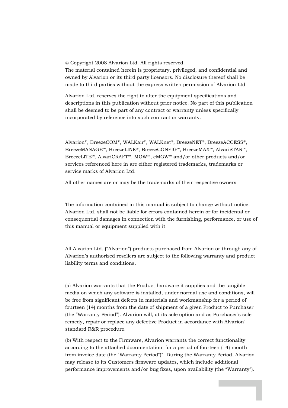 Legal rights, Trade names, Statement of conditions | Warranties and disclaimers, Exclusive warranty | Alvarion BREEZEACCESS SW VERSION 5.1 User Manual | Page 13 / 273