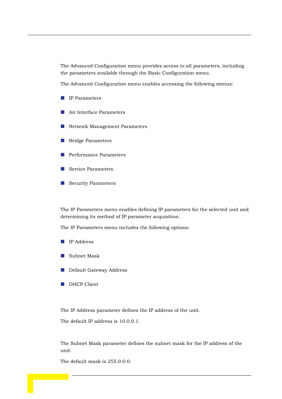 6 advanced configuration menu, 1 ip parameters | Alvarion BREEZEACCESS SW VERSION 5.1 User Manual | Page 160 / 273