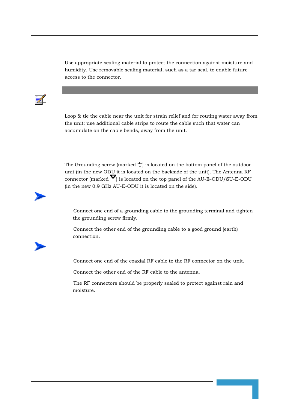 3 protecting odu connections, 4 connecting the grounding and antenna cables | Alvarion BREEZEACCESS SW VERSION 5.1 User Manual | Page 79 / 273