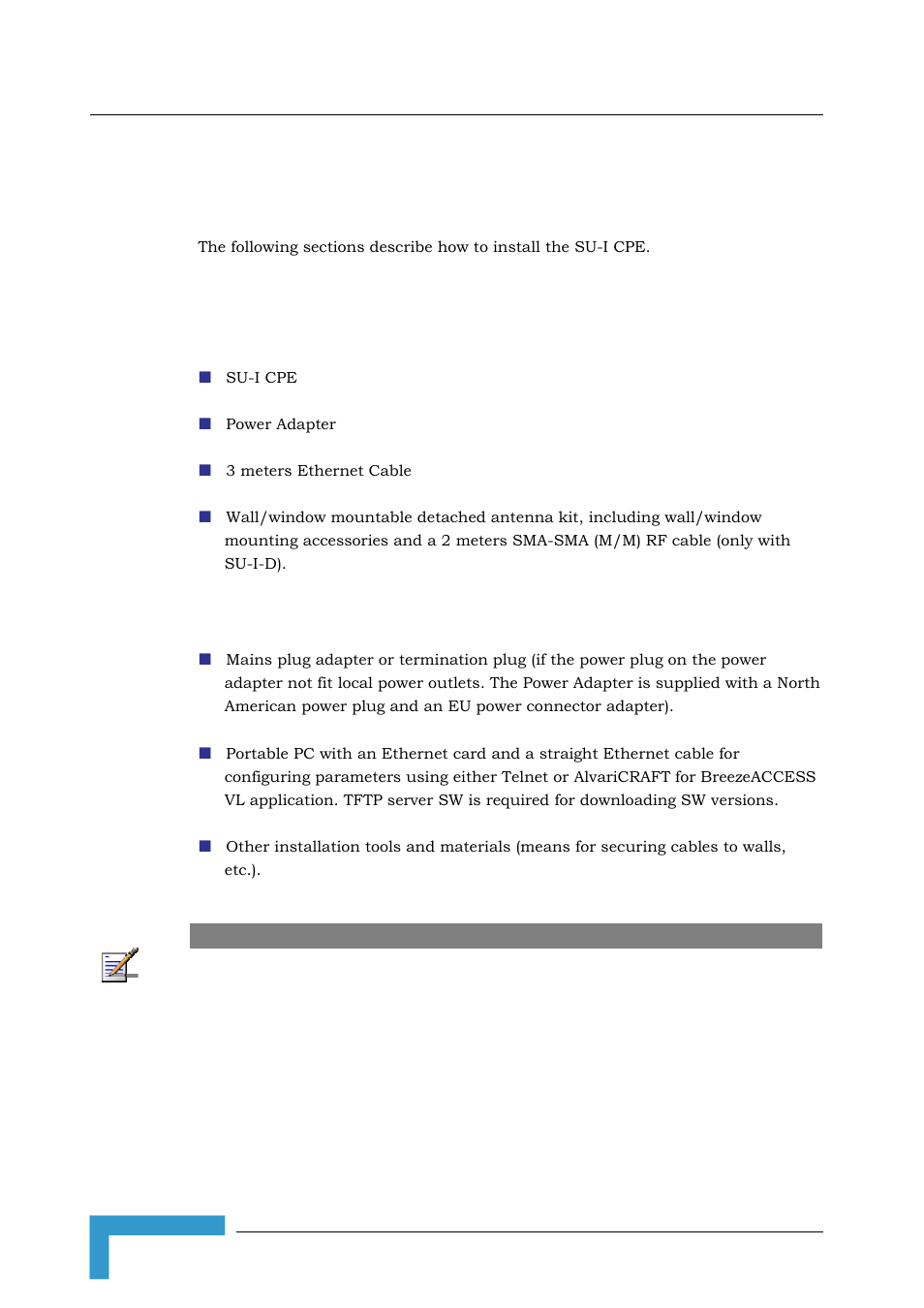 5 installing the su-i, 1 installation requirements, 1 packing list | 2 additional/optional items | Alvarion BREEZEACCESS SW VERSION 5.1 User Manual | Page 86 / 273