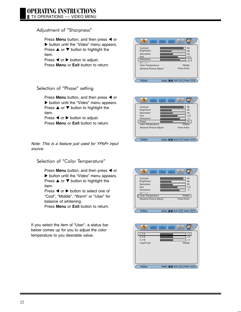 Adjustment of “sharpness, Selection of “phase” setting, Selection of “color temperature | Akai LCT3785TA User Manual | Page 23 / 44