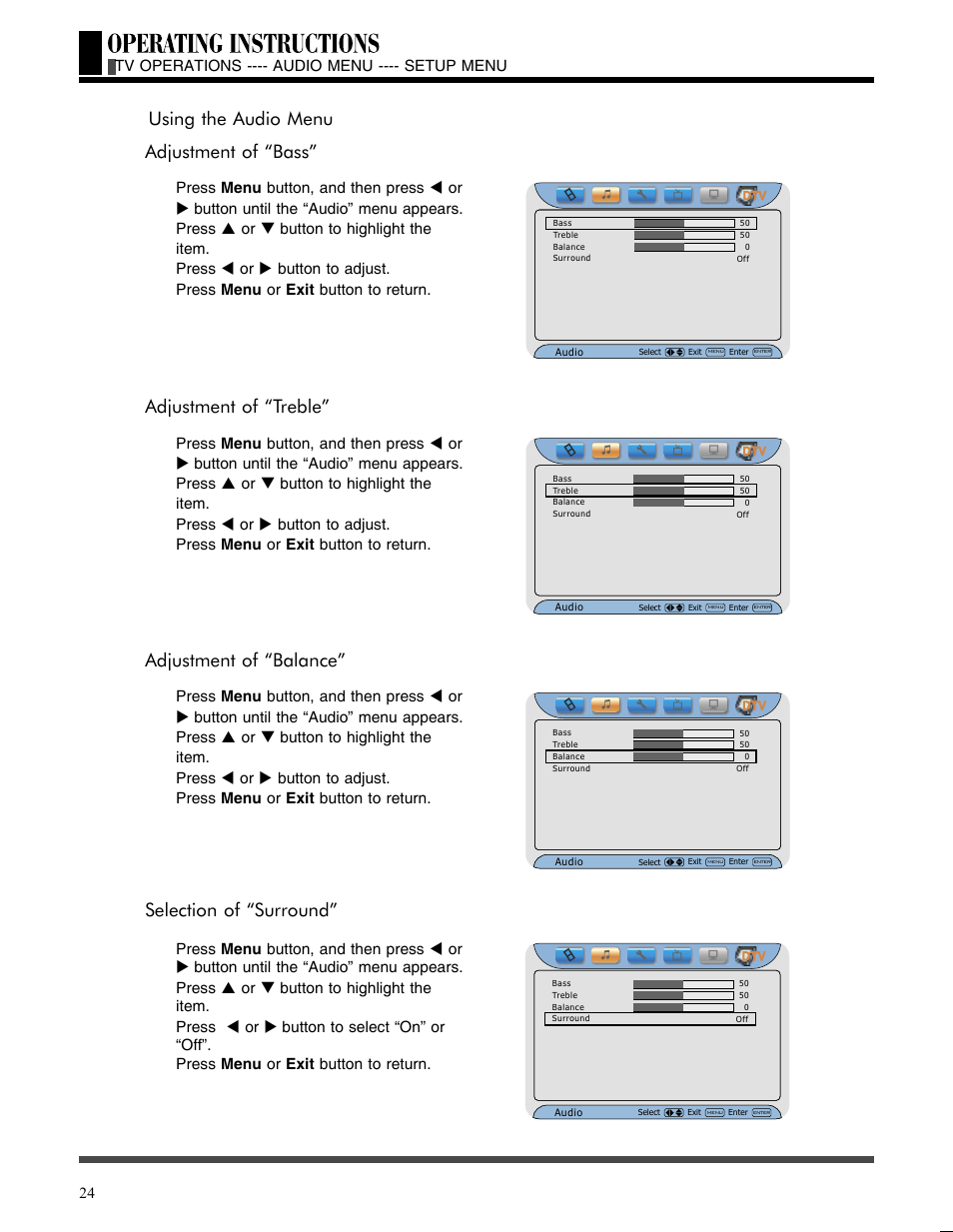 Using the audio menu, Adjustment of “bass, Adjustment of “treble | Adjustment of “balance, Selection of “surround, Using the audio menu adjustment of “bass | Akai LCT3785TA User Manual | Page 25 / 44