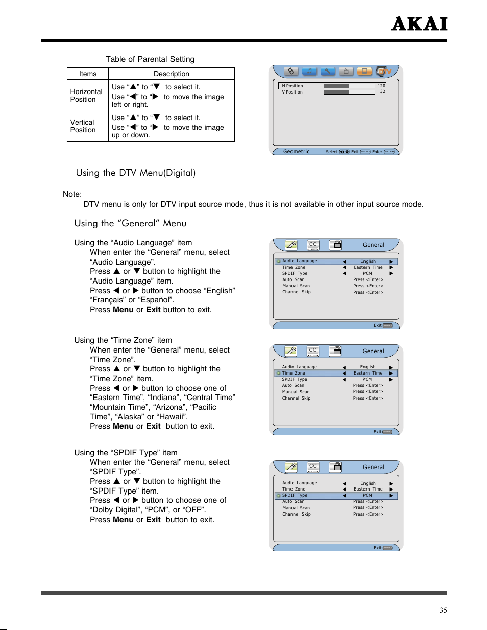 Using the dtv menu(digital), Using the “general” menu | Akai LCT3785TA User Manual | Page 36 / 44