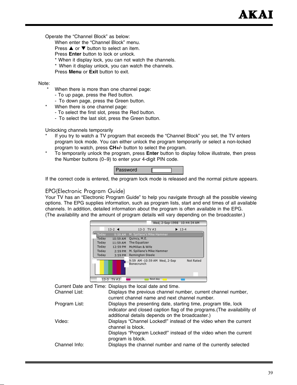 Epg(electronic program guide) | Akai LCT3785TA User Manual | Page 40 / 44
