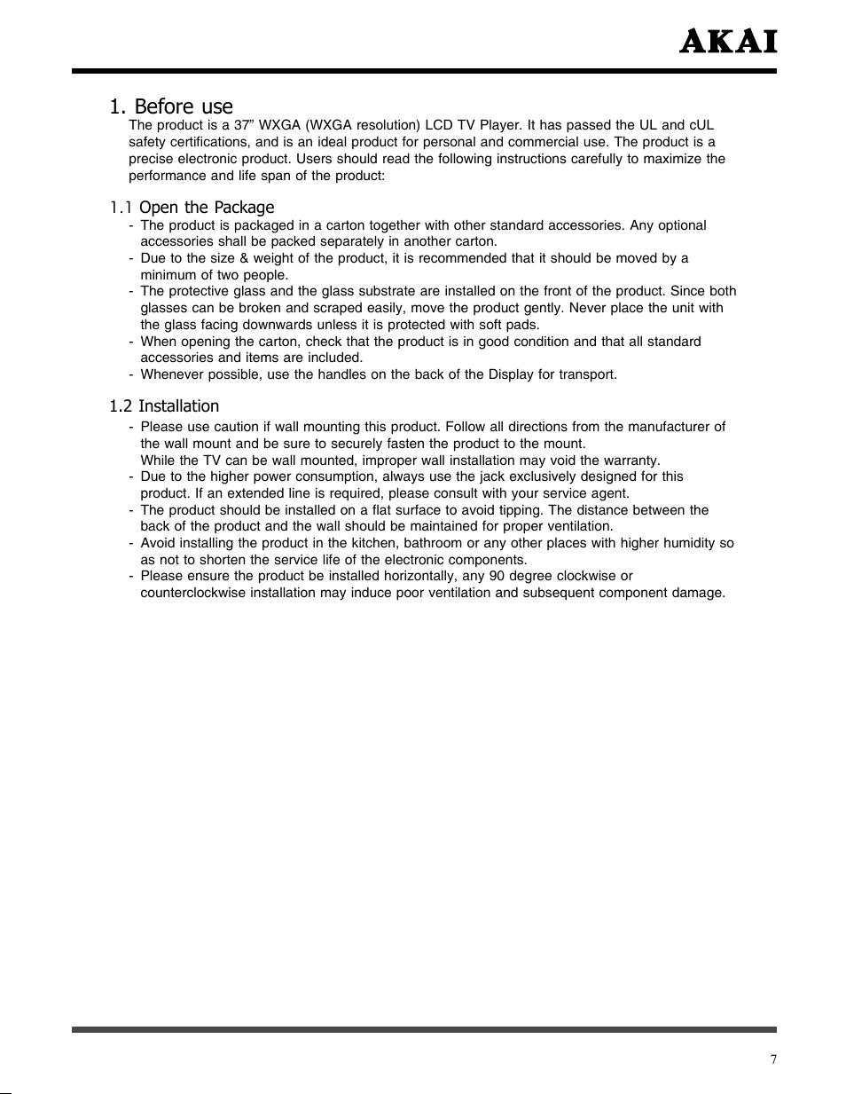 Before use, 1 open the package, 2 installation | Akai LCT3785TA User Manual | Page 8 / 44