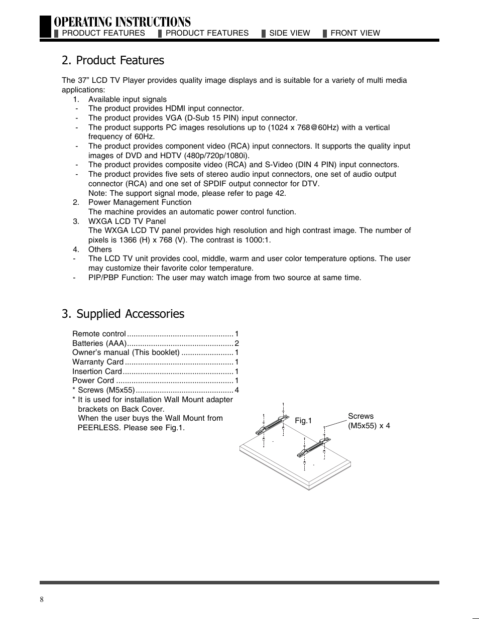 Product features 3. supplied accessories, Product features, Supplied accessories | Akai LCT3785TA User Manual | Page 9 / 44